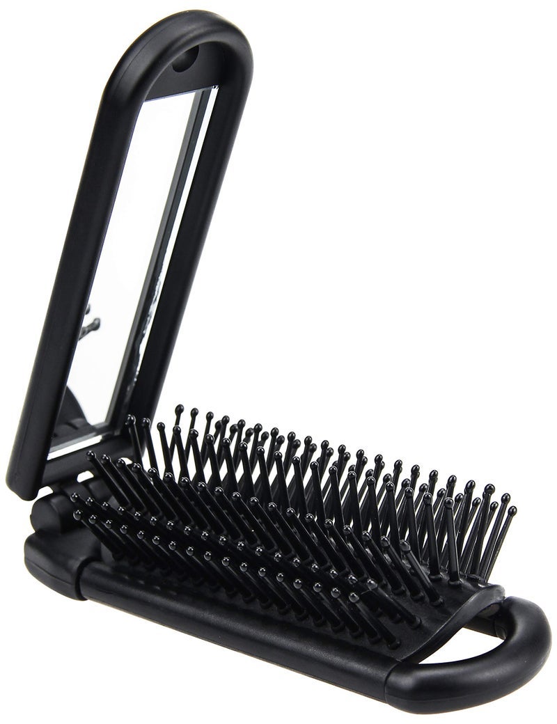 Ancable Folding Hair Brush with Mirror Compact Pocket Size for Travel Car Gym Bag Purse Black - Image 1